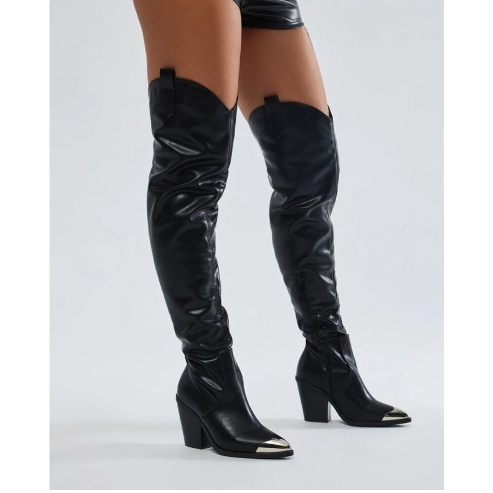 Liliana | Black Faux Leather Over The Knee Silver Metal Toe Heeled Boots 6